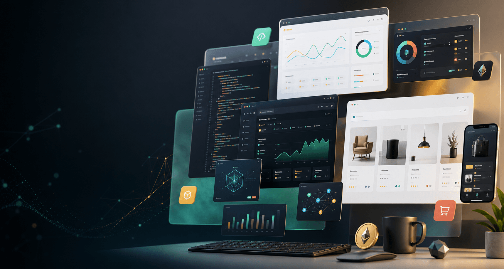 Layered product interfaces for full-stack, AI, Web3, and ecommerce portfolio work